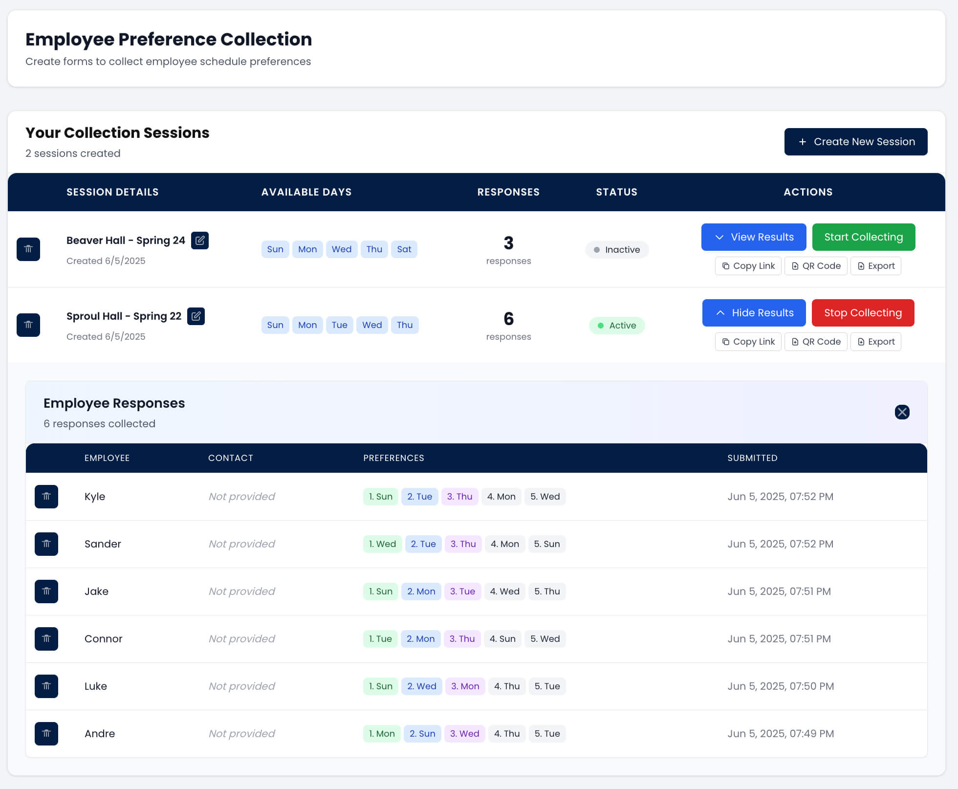 Screenshot of preference collection form